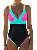 popvil Tummy Control One Piece Swimsuit for Women 2026 Black Bathing Suit Neon Swimwear Crisscross Back