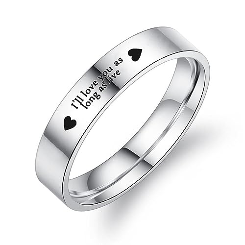 Image of OIDIMS Promise Matching Couples Rings I'll Love You As Long As Live Statement Band Finger Ring Stainless Steel Eternity Engagement Anniversary Valentine's Day Gifts for Lover Jewelry for Him and Her,