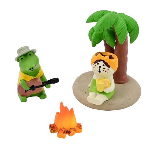 Mevodeata Cute Mini Cat Figurine with Coconut Tree Figurine for Office Home Decor - Cute Cat Gift for Cat Lovers