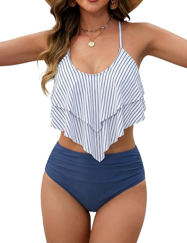 Image of Edelqual Bikini Sets for Women High Waisted Tummy Control Bathing Suit | 2 Piece Swimsuit,Double-layer Ruffled Top,Adjustable Spaghetti Straps,Crisscross Tie Back,Quick-Dry,Color Print,Beach & Pool