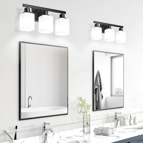 Image of 3-Light Bathroom Vanity Light,Modern Matte Black Bathroom Light Fixtures with Square Frosted Glass,Wall Sconces Lighting fixtures Over Mirror Restroom, Living Room Hallway