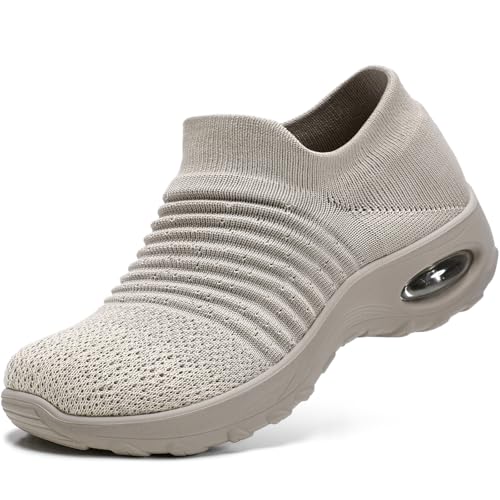 HKR Walking Shoes Women Slip On Sneakers Arch Support Non Slip Work Plantar Fasciitis Tennis Breathable Taupe Size 7.5