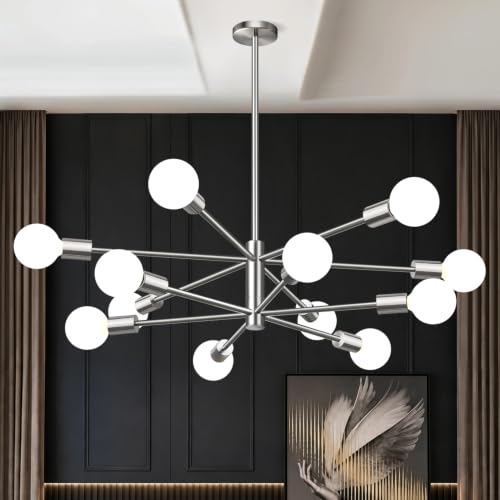 Image of 11"-52" Height Adjustable Modern Chandelier Ceiling Light Fixture, 12-Light Sputnik Chandeliers Brushed Nickel Mid Century Chandelier Over Table, Chandeliers for Dining Room (Bulbs Not Included)