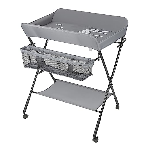 MUL-BOUTIQUE Baby Foldable Changing Table with Wheels, Adjustable Height Mobile Nursery Organizer with Safety Belt & Large Storage Racks, Grey