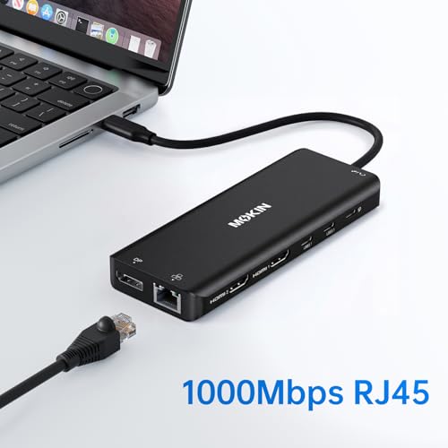 Image of USB C Laptop Docking Station Dual Monitor Dual HDMI 4K DP Triple Display Hub, 13 in 1 MOKiN USB C Hub with 3 Monitors, DisplayPort, USB 3.1, RJ45, 100W PD, Card Reader, Audio /Mic, for Dell HP, Black