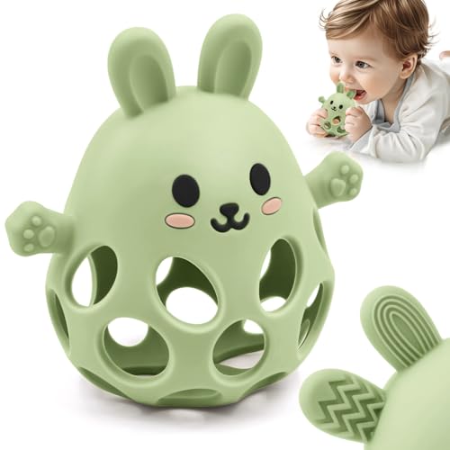 Anneau de Dentition en Lapin pour Bébé en Silicone de Qualité Alimentaire, Facile à Saisir et Doux, Jouet de Dentition Apaisant Sans BPA pour Bébés 0 3 6 9 12 18 Mois Garçon Fille, Vert