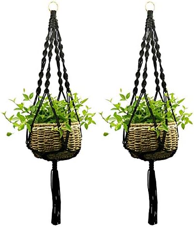 Ropesart 2 Pcs Macrame Plant Hanger Black Knotted Hand-Woven Black Morden Style Hemp Black Plant Hanger with Key Ring