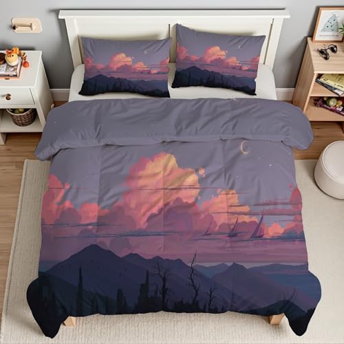 Piumino Matrimoniale Nuvole Trapunte Paesaggio Cartone Animato Piumone Imbottito Resistente Lavabile, Super Morbida Trapunta, piumini 220x240 cm in Microfibra Reversibile e 2 Federa 50x80 cmT5015