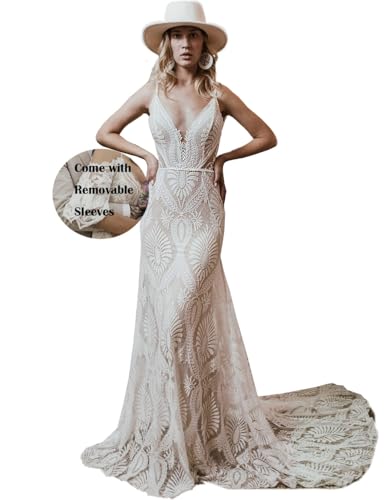 Women's Boho Lace Wedding Dress Removable Cold Sleeves V Neck Sheath Long Casual Bridal Gowns