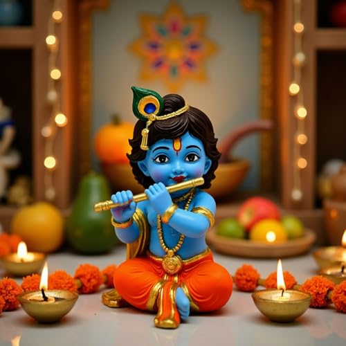 Image of UNOVATE Krishna Statue for Car Dashboard, Home Temple & Office Desk Decor. Krishna Idol for Pooja | (Blue Colour)