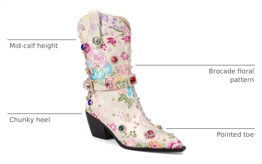 Image of LOCERICH Women Rhinestone Cowboy Sparkly Cowgirl Boots Diamond Western Floral Embroidery Mid Calf Booties