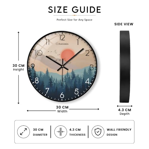 Image of Auromin Wall Clock for Living Room Stylish - Decorative Forest Design Modern Wall Clock for Bedroom, Hall, Office | Silent Non-Ticking Analog Clock | Round Glass Battery Operated Clock