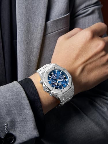 Image of OPK Men Analog Automatic Watches Waterproof Multifunction Chronograph Diamond Moon Phase Luminous Stainless Steel Band Wrist Watches