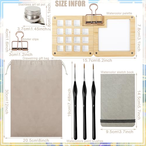 TKNOUS Mini Watercolor Paint Set, Travel Watercolor Portable Pocket Artist Kit with Wooden Palette Book Brushes Binder Clips Drawstring Bag Art Oil Pot for Painters Artists Students