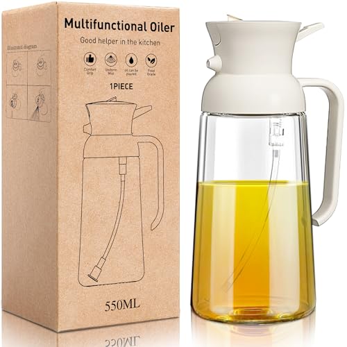 2 in 1 Oil Sprayer for Cooking, 2024 Olive Oil Dispenser for Kitchen, 18oz/550ml Olive Oil Sprayer Bottle, Essential Kitchen Gadgets for Air Fryer, Salad, Baking, BBQ, Frying(White,Glass)
