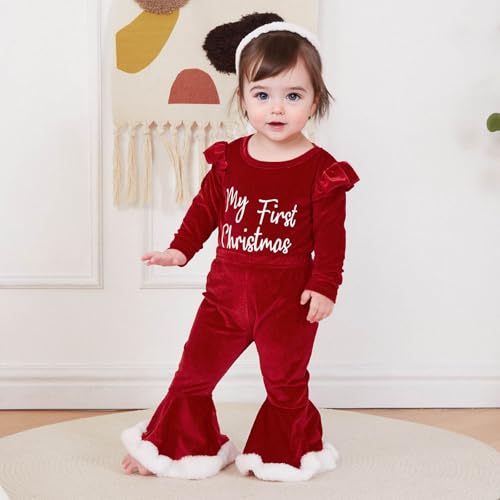 Toddler baby girl Christmas Outfits Letter Ruffle Long Sleeve Romper Flare Pants sets Newborn Fall Winter Clothes2