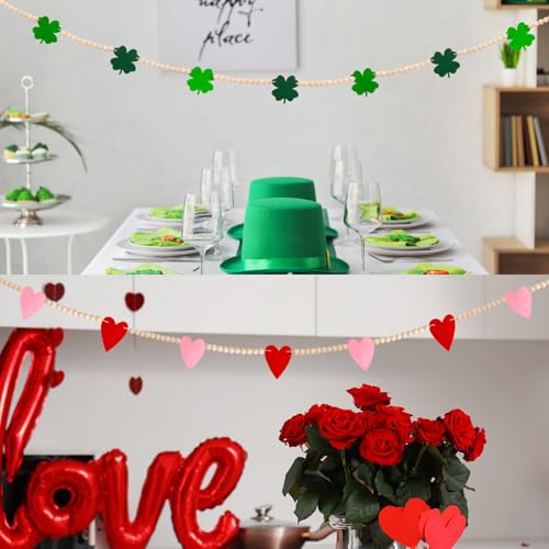 Image of 2 Pcs Valentine's Day St. Patrick's Day Wood Bead Garland Valentine's Day Felt Heart Banner St. Patrick Day Shamrock Banner Garland for Mantle Fireplace Room Valentine St. Patrick's Hanging Decor