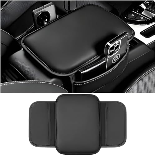 Car Armrest Box Mat, PU Leather Four Seasons Comfortable Breathable Waterproof Automotive Armrest Cover Center Console Cushion Protector, Universal for Most Vehicle.(Black)