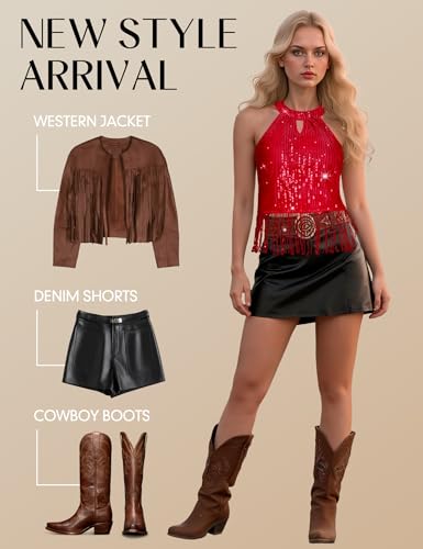 Aupuls Halter Fringe Country Concert Outfits for Women Sequin Disco Tops Western Cowgirl Outfit4