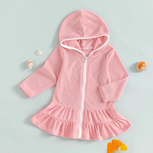 Image of Socutebabe Toddler Girl Swimsuit Cover Up Kids Beach Dress Bow Print Long Sleeve Hooded Bathing Suit Towel Coverup Swimwear