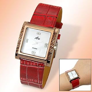 Qtqgoitem Square Dial Ladies Rhinestones Red Strap Quartz Watch (Model: 654 0fb f7c 066 d88)