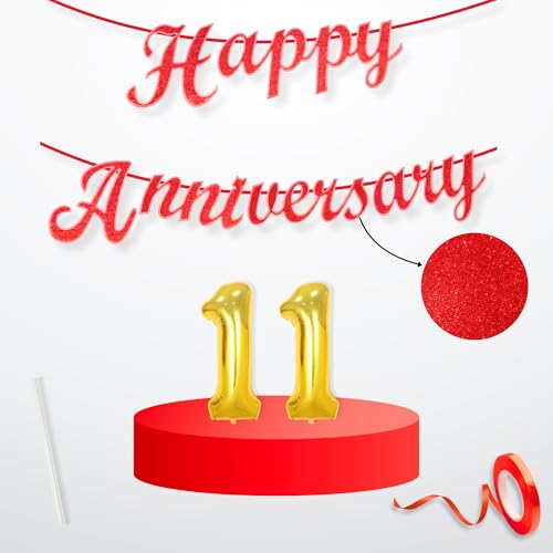Image of Flyloons 11th Happy Anniversary Banner Red Decorations Kit for Men Women Wedding Anniversary Banner Items without Balloons
