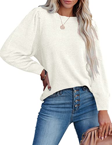 Womens Puff Sleeve Sweaters Crewneck Loose Pullover Tops Solid Color Lightweight Knit Casual Blouse Shirts