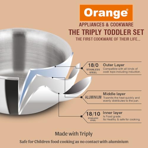 Image of ORANGE Triply Toddler Cookware Set /Gift Set (3 Pc) - Kadai, Fry Pan & Sauce Pan | 2.5mm Thick, Gas Stove Compatible | Heavy Bottom, Cool Touch Handle | Ideal for Baby Food | 5 Year Warranty