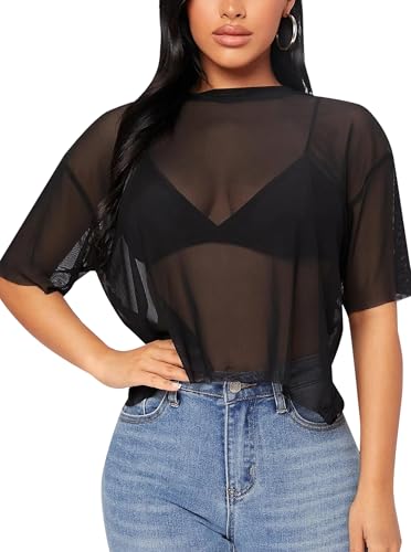 Remidoo Womens Sheer Mesh Tops Short Sleeve Crop Top Crewneck Loose T Shirt