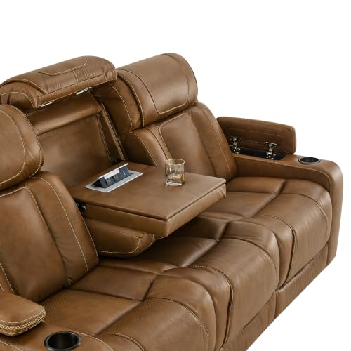 Image of Watson & Whitely Power Reclining Sofa 3-Seat Middle Flip Back, Saddle Brown