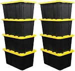 BLACK & YELLOW 27-Gallon Boîte de rangement avec couvercle en plastique, bacs de rangement en plastique résistant avec couvercle, empilable, paquet de 8