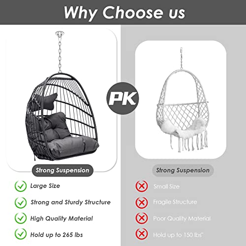 Radiata Foldable Wicker Rattan Hanging Egg Chair Without Stand, Swing Chair With Cushion And Pillow, Lounging Chair, Hammock Chair For Indoor Outdoor Bedroom Patio Garden (Dark Gray Without Stand) #TOP4