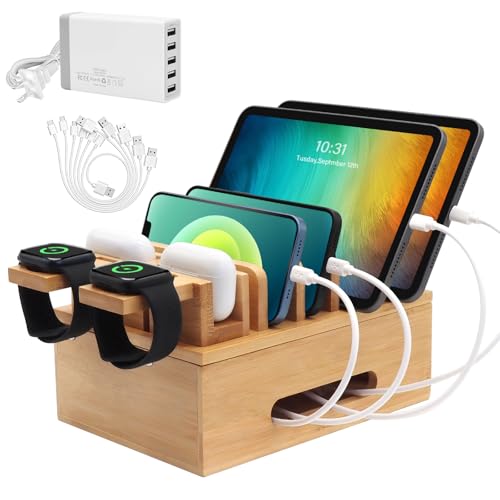 Deefielly Bamboo Charging Stations for Multi Devices with 5 Port USB Charger, 6 Cables, Desktop Wood Docking Station Charger Organizer for Cell Phones, Tablets,Earphone, Watches