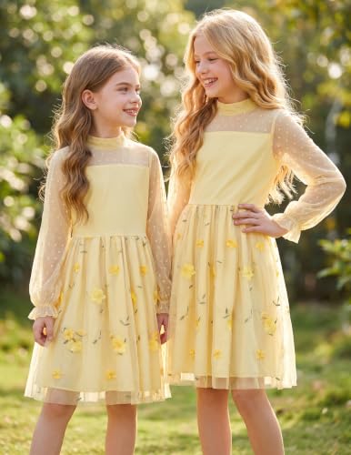 Image of Arshiner Girls Dresses Contrast Mesh Puff Long Sleeve Formal Party Dress