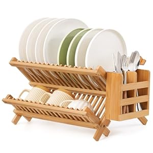 Bamboo Dish Drying Rack with Utensil Holder, 2 Tier Collapsible Dish Rack for Kitchen Counter, Large Folding Drying Holder, Dish Drainer, Kitchen Organizers and Storage