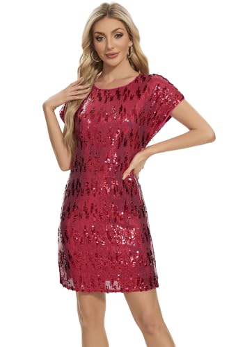 Image of Women's Crewneck Sequin Shift Dress Short Sleeve Casual Holiday Sparkly Party Dress