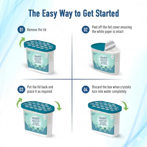 Image of Amazon Brand - Presto! Moisture Absorber with Camphor | 280g x Pack of 3 | Absorbs Upto 600Ml Each | Eliminates Musty Odour | Lasts Upto 45 Days