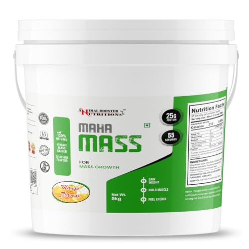 Image of Animal Booster Nutrition Maha Mass Gainer, 25gm of Protein in 90gm of Serving Helps in Gain Weight, Build Muscle & Fuel Energy (5Kg, Mango Flavor)