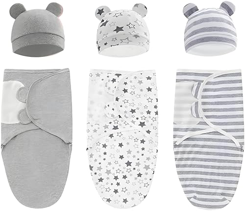 SKY-TOUCH Baby Swaddle Blanket Wraps 3-Pack Adjustable Newborn Sleep Sacks 100% Breathable Cotton Swaddles for Boys & Girls Soft and Skin-Friendly 06 Months 7350cm
