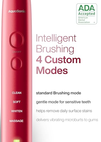 Image of Aquasonic Vibe Series Ultra-Whitening Toothbrush a€ inch ADA Accepted Electric Toothbrush - 8 Brush Heads & Travel Case a€ inch 40,000 VPM Motor & Wireless Charging - 4 Modes w Smart Timer a€ inch Ruby
