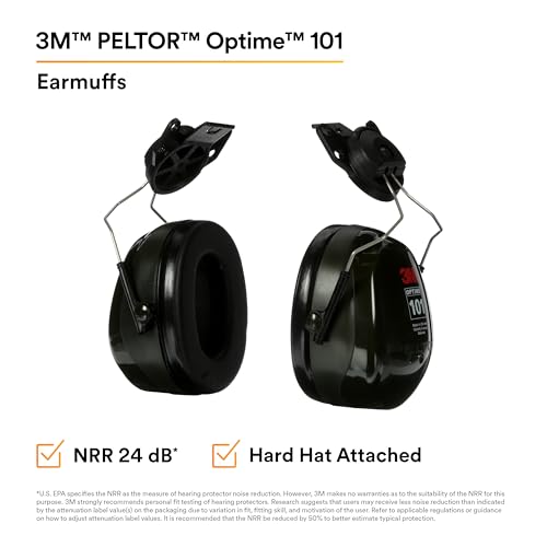 Image of 3M PELTOR Hearing Protection Optime 101 Earmuffs, Cap Style Hard Hat Attached, H7P3E, 24 dB NRR, Adjustable Earcups, E-A-Rfit Compatible, Stainless Steel, Pack of 1, Black /Red