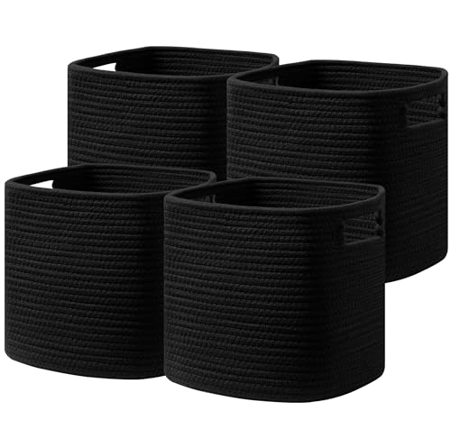 Image of UBBCARE Set of 4 Storage Basket-13 X 13 X 13 in, Cotton Rope Basket for Shelves, Toys, Book, Cube Storage Bins with Handles, Woven Storage Basket for Organizing, Black