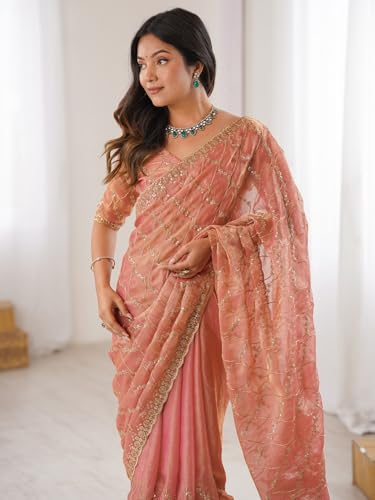 Image of AKHILAM Women's Shimmer Chiffon Heavy Sequence Embroidery Work Saree With Unstitched Blouse Piece (VT798A VM Parent)
