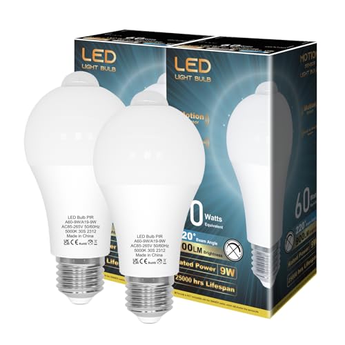 LUTW Glühbirne mit Bewegungsmelder 9W E27 LED Lampe mit Bewegungsmelder Ersetzt 60W 5000K Tageslichtweiß 900lm 220 Abstrahlwinkel Energiesparlampe für Flur Garage Balkon Treppe 2er Set