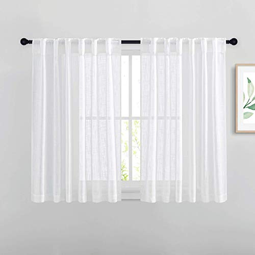 NICETOWN White Short Sheer Kitchen Curtains 45 inches Length, Linen Look Rod Pocket & Back Tab 2 Hanging Options Semi Sheer Vertical Drapes for Bedroo