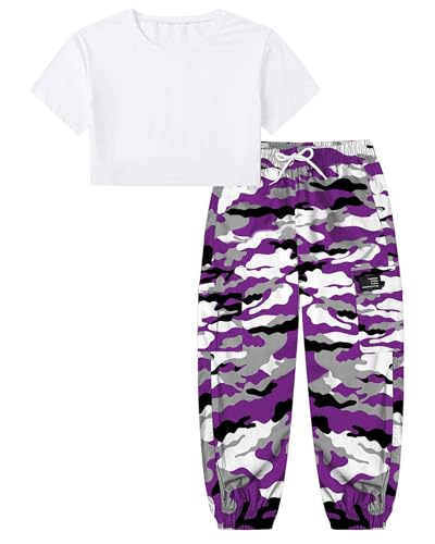 Image of Betusline Girls 2 Piece Set, White Cute Short Sleeve Crop Tops + Purple Gray Camo Cargo Jogger Pants Clothes, 13-14Y = Tag 170