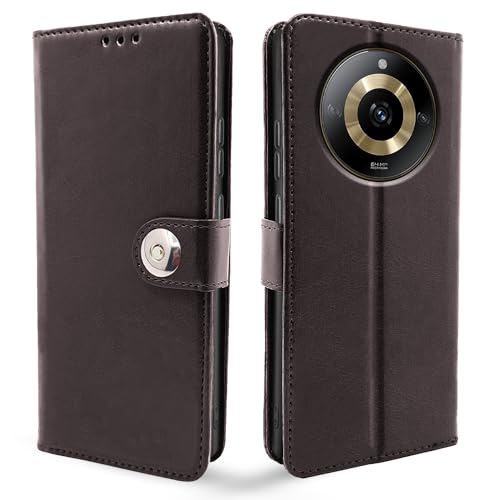 Image of Pikkme Realme Narzo 60 5G Flip Cover Leather Finish | Inside TPU with Card Pockets | Wallet Stand and Shock Proof | Complete Protection Button Flip Case (Coffee)