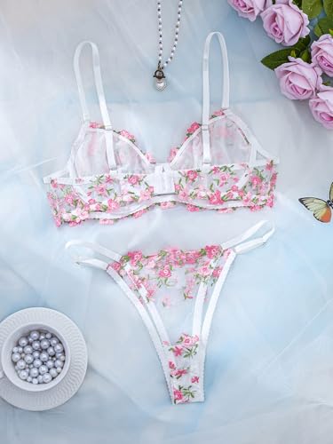 Image of Sexy Floral Embroidered Flower Mesh Underwire Push Up Lingerie Set