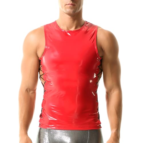 Men's Bright Leather Vest Tank Top Shirt Sleeveless Shirt Wetlook Undershirt Round Neck Drawstring Shirt Nightwear2