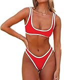 SherryDC Women's Sexy Scoop Neck Bikini Sets Color Block High Cut Thong Brazilian Two Pieces Swimsuit Bathing Suit